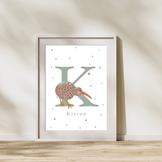 Personalised K for Kiwi bird Print